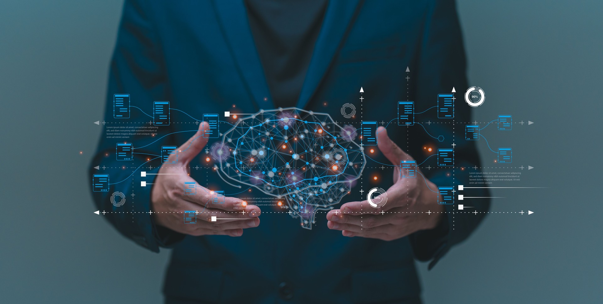Big data and analytics visualization technology with scientist analyzing information structure on virtual screen.
